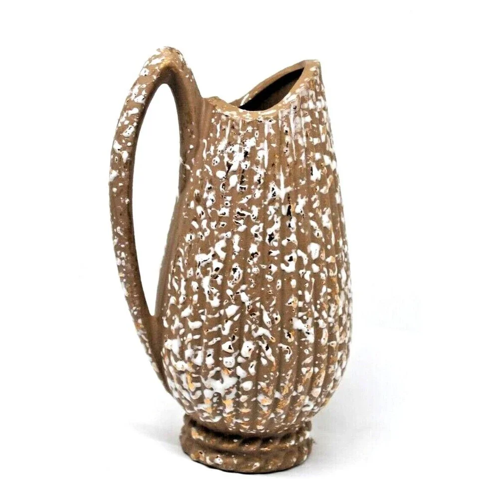 Vase Ceramic Pottery Brown Speckled White & Gold 7